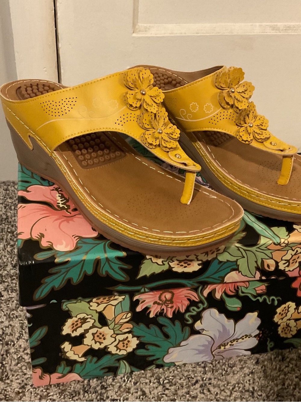 Women's Yellow Floral Wedge Thong Sandals